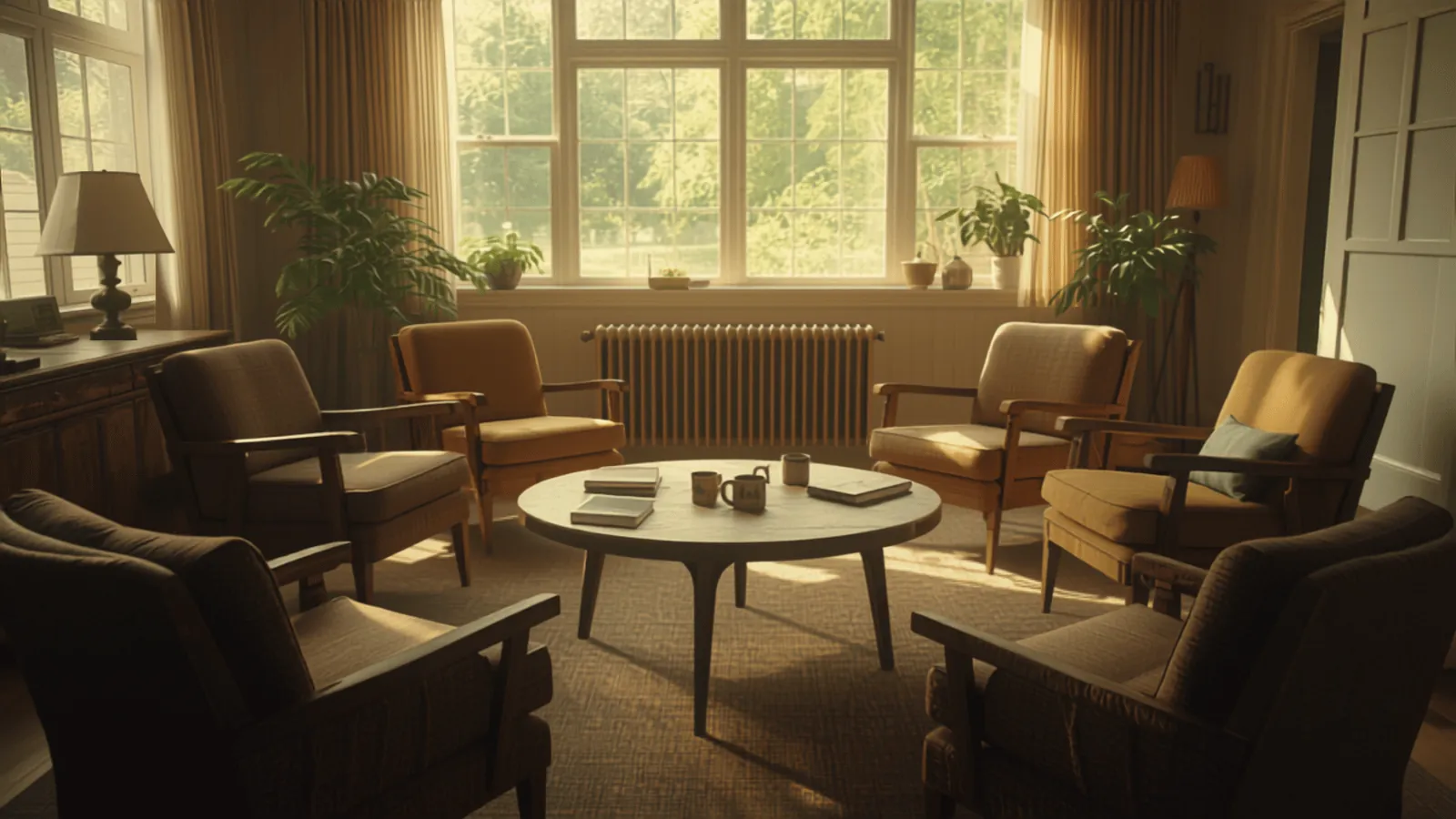 A circle of comfortable chairs in a bright living room