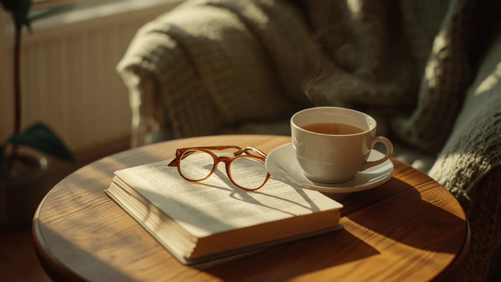 Reading glasses on an open book beside a cup of tea in morning light
