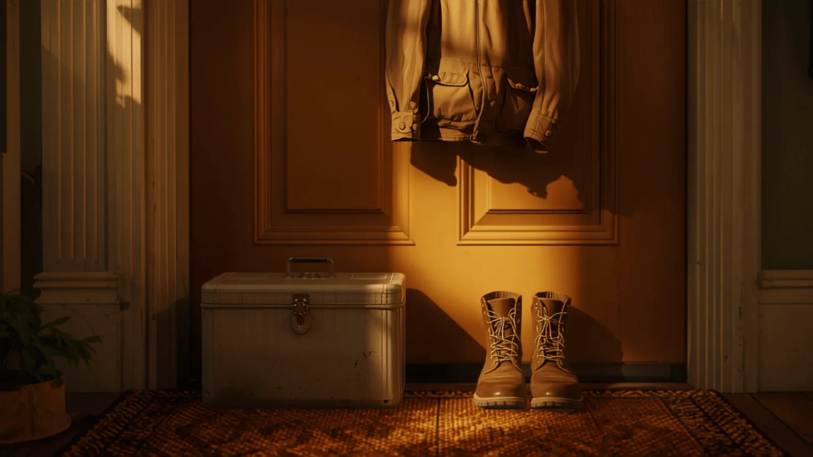 Work boots and a lunchbox by a front door in early morning light